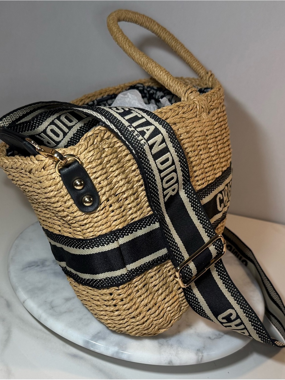Straw Woven Logo-Style Tote Bag w/ Crossbody Strap - Picture 3 of 4